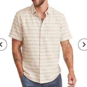 Marine Layer Short Sleeve Selvage Cotton Shirt in Natural Multi Stripe, Size M